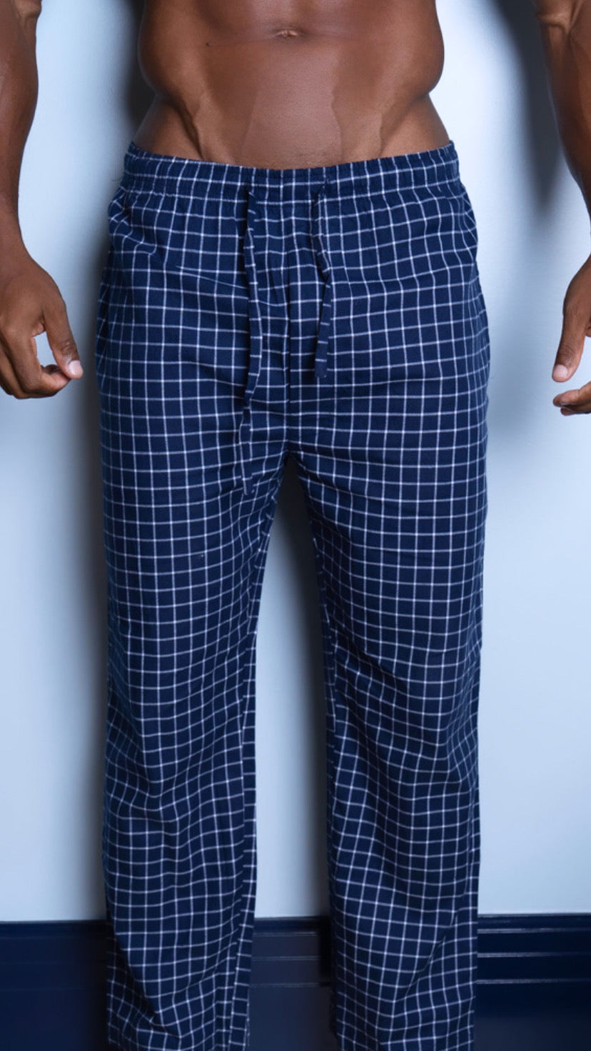 Light Blue Plaid Pajama Pants for Men, Comfortable Mens Lounge